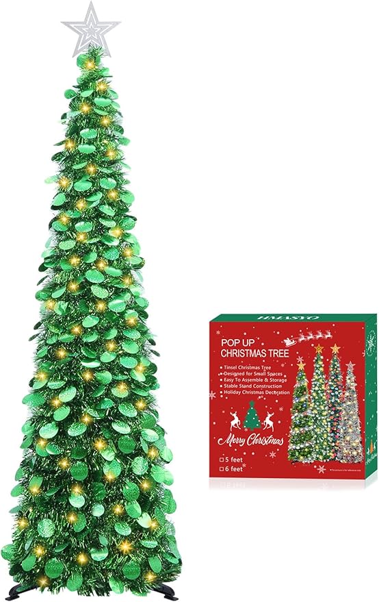 HMASYO 5 FT Pop Up Christmas Tree with Timer Lights, Green Christmas Tinsel Tree, Collapsible Artificial Pencil Christmas Tree for Indoor Home Apartment Porch Holiday Party Decorations