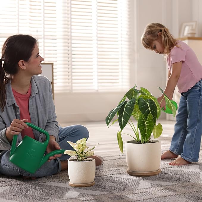 Ceramic Flower Pots Indoor-Outdoor: 5.75 Inch Planters with Drainage Holes & Saucer - Modern Decorative Plant Pots Ceramic for Home Gardeners (White)