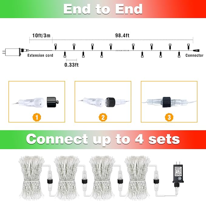 100FT 300 LED Christmas Lights Outdoor, Plug in Christmas String Lights Indoor, Waterproof & 8 Modes & Timer Function, Connectable Fairy Twinkle Light for Bedroom Patio Wedding Decor, Red White Green