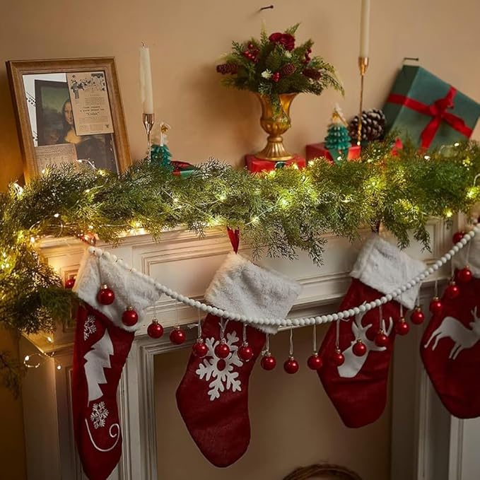 6FT Christmas Garland PARTY JOY Cedar Garland with 9.8FT LED String Lights, Greenery Plant for Christmas Decorations Table Mantle Background Wall Room Outdoor Indoor Winter Decoration