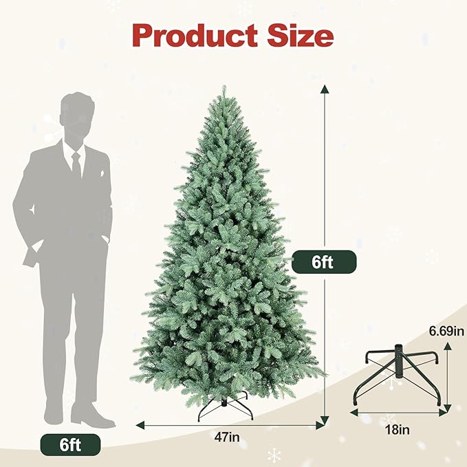 6 Ft Blue Spruce Artificial Christmas Tree, Hinged Unlit Xmas Trees with 1390 PE&PVC Mixed Branch Tips, Home Holiday School Decor with Foldable Base Easy Setup