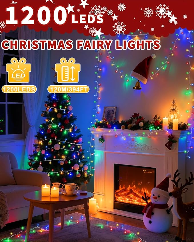 1200 LED 403FT Christmas Lights String Outdoor Indoor, Multicolor Xmas Tree Lights, Plug in Twinkle Fairy Light with Remote Timer Dimmable for Room Yard Holiday Party Wedding Camping Decor