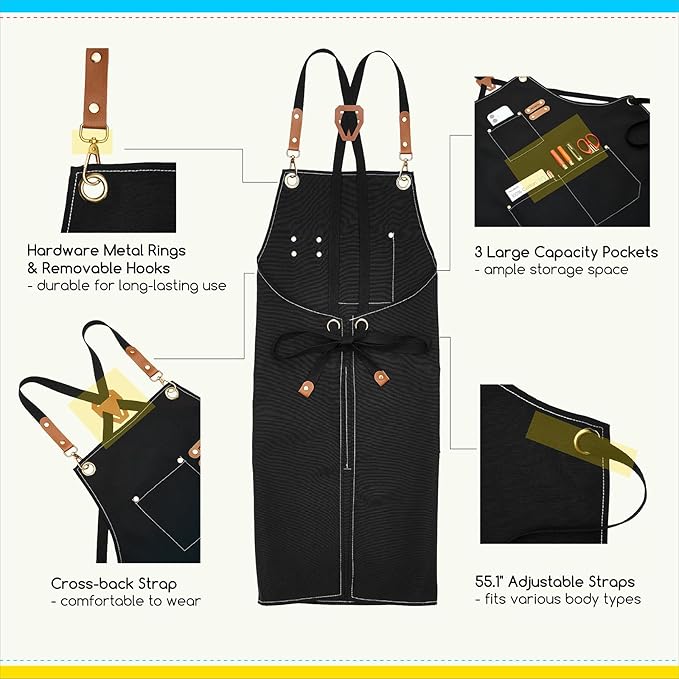 MEEDEN Painting Apron for Men Women: Adjustable Cross Back Waterproof Polyester Canvas Art Apron with 3 Pockets - Artist Apron for Acrylic Oil & Watercolor Painting, Gardening, Cooking - Black