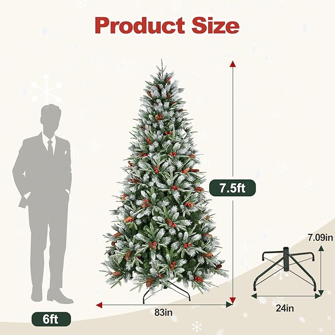 7 Ft Artificial Christmas Tree Pre-Decorated with Snow Flocked PVC&PE Tips, Pine Cones, Red Berries, Unlit Xmas Tree with Metal Stand for Hoilday Office Outdoor Christmas Decoration(Green White)