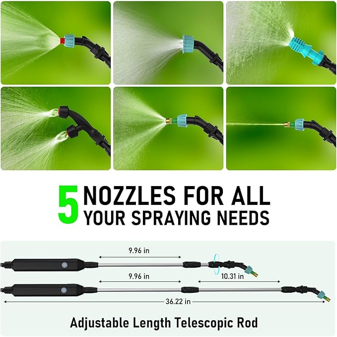 2 Gallon Battery Powered Garden Sprayer, Electric Sprayer, Weed Yard Lawn Sprayers with 5 Mist Nozzles & Retractable Wand & Adjustable Strap for Lawn, Garden, Yard (Teal)