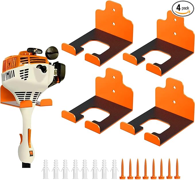Garage Organizer Trimmer Rack, Garden Power Tool Hanger Weed Whackers Holder Wall Mounted for Grass Trimmer, Hedge Trimmer, Garage Trimmer, Garden Tools,4 Pack(Orange)