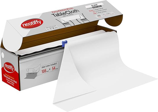 Neatiffy Disposable Plastic Table Cloth Roll | 54 in x 108 Ft Waterproof Tablecloth | Table Cover for Rectangle, Square, Round Oval Tables | Picnic, Party, Banquet, Birthdays, Weddings - White