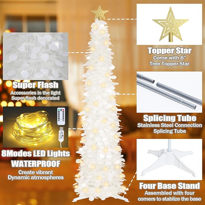 HMASYO 6 FT Pop Up Christmas Tree with 100 LED Lights & Remote, White Christmas Tinsel Tree, Collapsible Artificial Pencil Tree for Home Office Party Decor, USB Powered Timer Lights, Easy Assembly