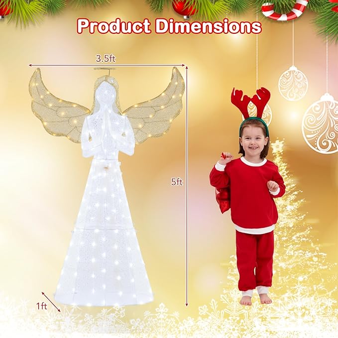 Tangkula 5 FT Lighted Christmas Angel, Light-up Winged Xmas Angel with 150 LED Lights, Zip Ties & Ground Stakes, Pre-Lit 3D Glittered Angel Decoration for Yard, Garden, Lawn & Indoor Display