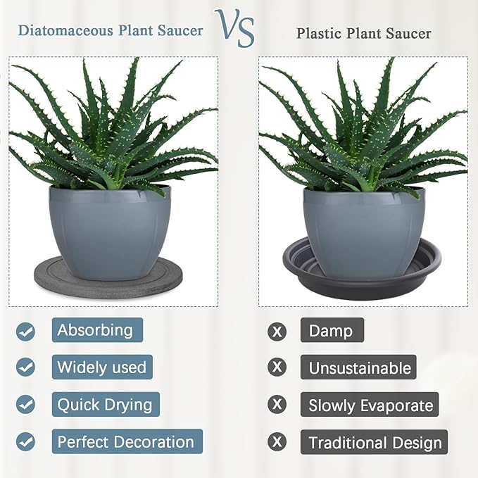 Plant Saucer Flower Pot Saucers Plant Trays for Pots Instant Dry Diatomaceous Earth Round Plant Drip Trays for Indoors Keeping Counter and Floors Dry and Clean (2Pcs Grey Large)