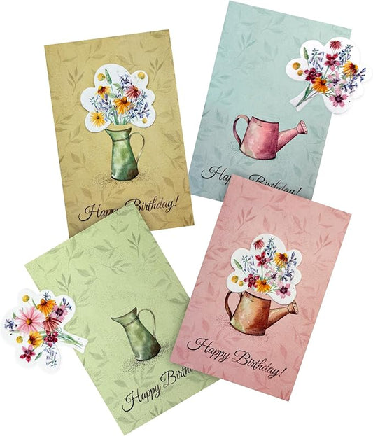 Seed Paper Birthday Cards – 4 Plantable Bouquet Inserts with Wildflower Seeds, 4 Greeting Cards & Envelopes, Unique Gift for Birthdays & Special Occasions