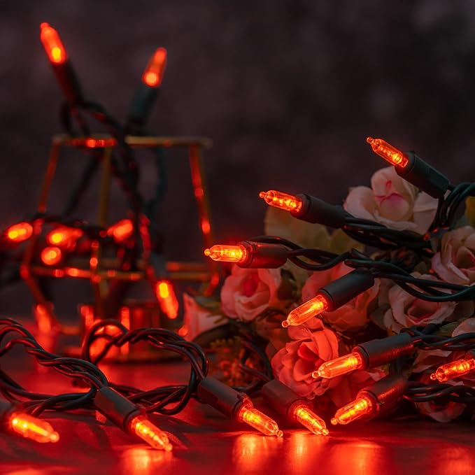 YULETIME 100 Count Orange Christmas Lights, 33 Feet Green Wire UL Certified Incandescent-Like LED Mini String Lights