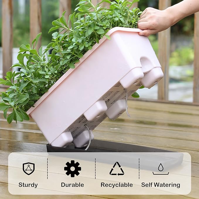 Window Box Planter 8 Pcs, 17 Inches Rectangle Flower Pots with Drainage Holes and Trays, Vegetable Planters for Windowsill Patio Garden Balcony Home Porch Yard Indoor Outdoor (Pink)