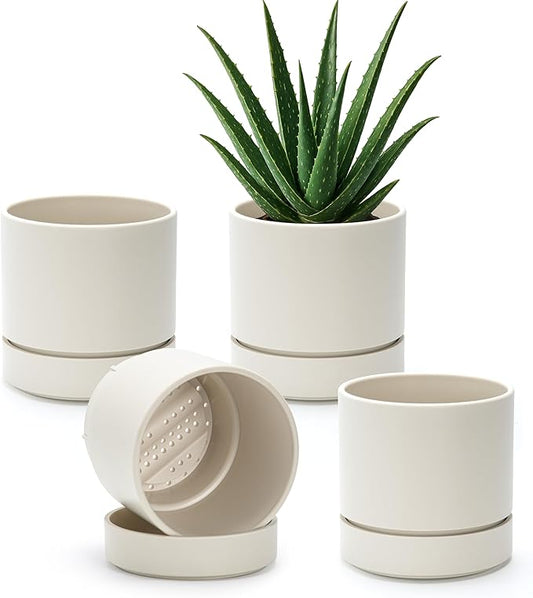 Phoenix Vine 6 Inch Planter Pot with Drainage Hole & Saucer, Deep Water Catch Tray, Straight Cylindrical Round Pot for Plants, Oatmeal, Pack of 4, 23-E-S-4