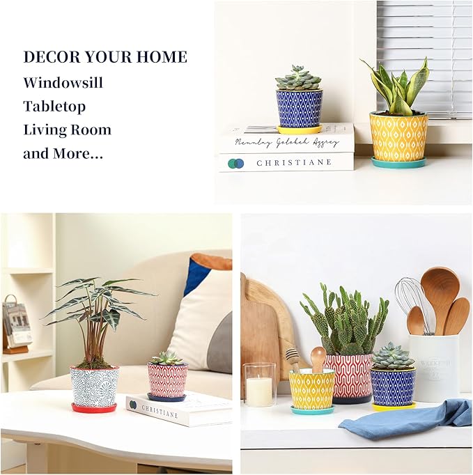 Selamica Ceramic Succulent Pots, 3.4 Inch Small Pots for Plants with Drainage Holes and Saucers, Succulent Planters for Indoor Plants, Cactus, Home Decor, Set of 4, Assorted Colors