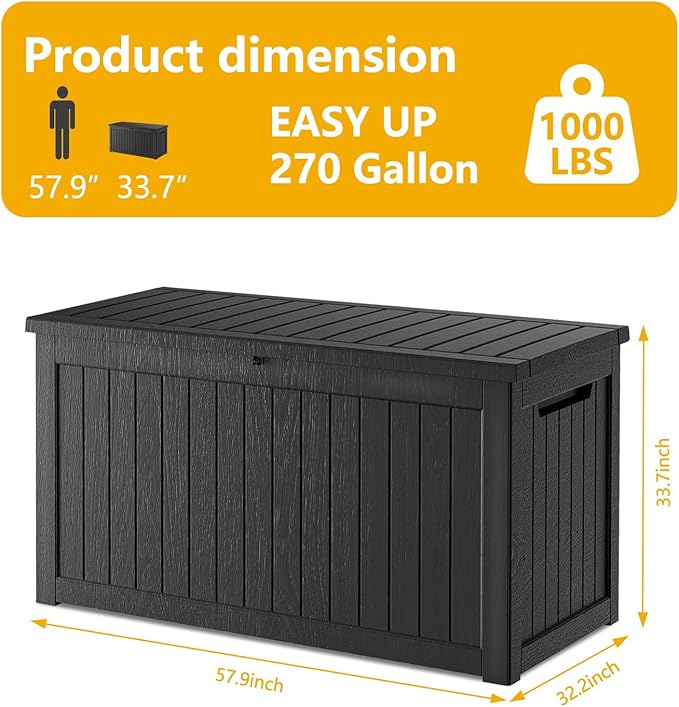 270 Gallon Deck Box, Resin Outdoor Indoor Waterproof Storage Box, Lockable Storage Box With Handle for Patio Furniture - Garden Tools (Black, 270 Gallon)