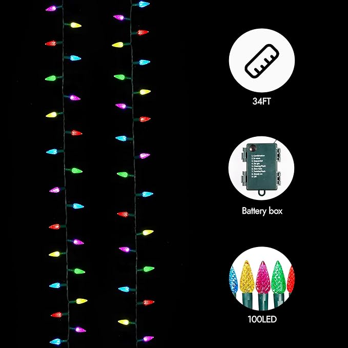 WBao Battery Operated Christmas Lights, 100 LED 34ft C6 String Lights with 8 Modes, Auto Timer, Waterproof for Indoor Outdoor Christmas Trees, Fence, Garlands, Stairs Xmas Decorations, Multicolor