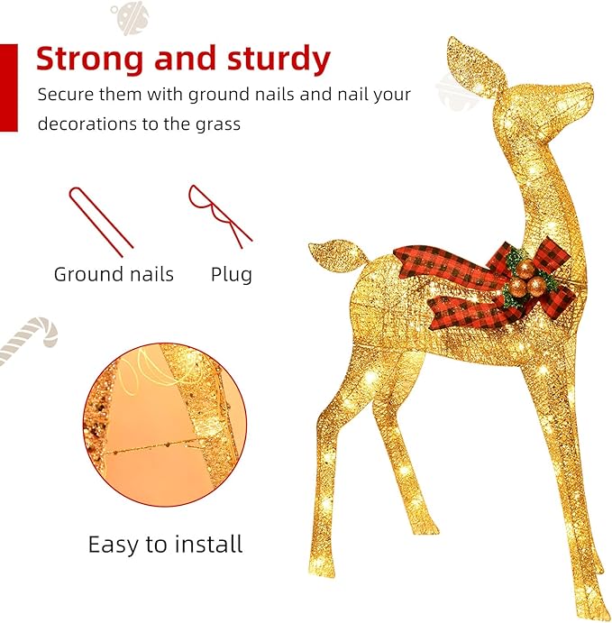 3-Piece Large Deer Family - HOYECHI Lighted Christmas 3D Reindeer Outdoor Yard Decoration Set w/ 210 LED Lights, Stakes, Zip Ties - Gold