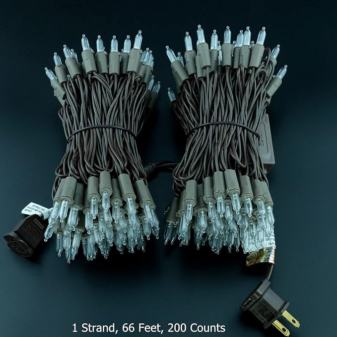 YULETIME 200 Warm White LED Christmas Lights, 66 Feet Brown Wire UL Certified Commercial Grade Holiday String Light Set