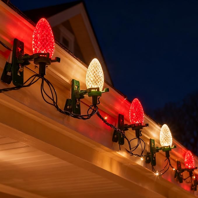 TW SHINE C9 Christmas Lights, 100 LED 66 FT Christmas String Lights Outdoor with 100 Spring Clips and Timer, Waterproof Connectable for Indoor Yard Xmas Tree House Decorations (Red & Warm White)