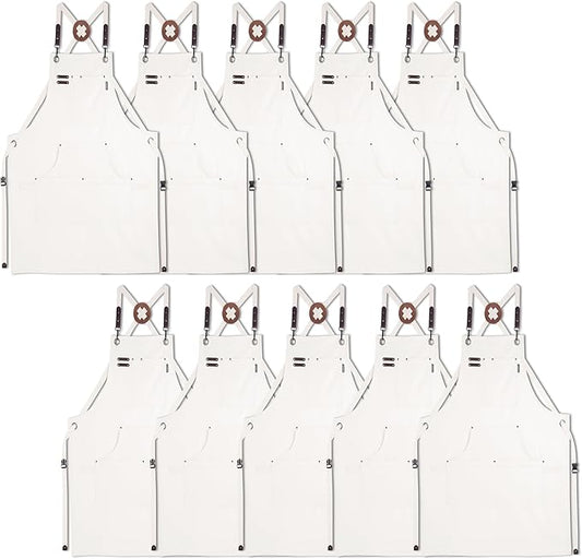10 Pack Kitchen Aprons, Work Apron, Canvas, Multiple Pockets, Gardening, Painting, BBQ, Artist, Carpenter, Sizes M to XXL, White
