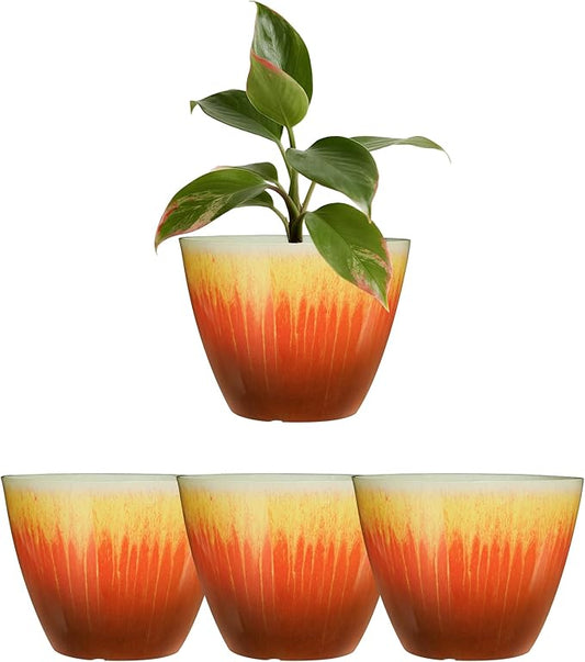 Plant Pots Pack of 4, 8 inch Plastic Flower Pots, Modern Glossy Finishing Planter for Indoor Outdoor Plants (Orange Glaze, 4 Pack)