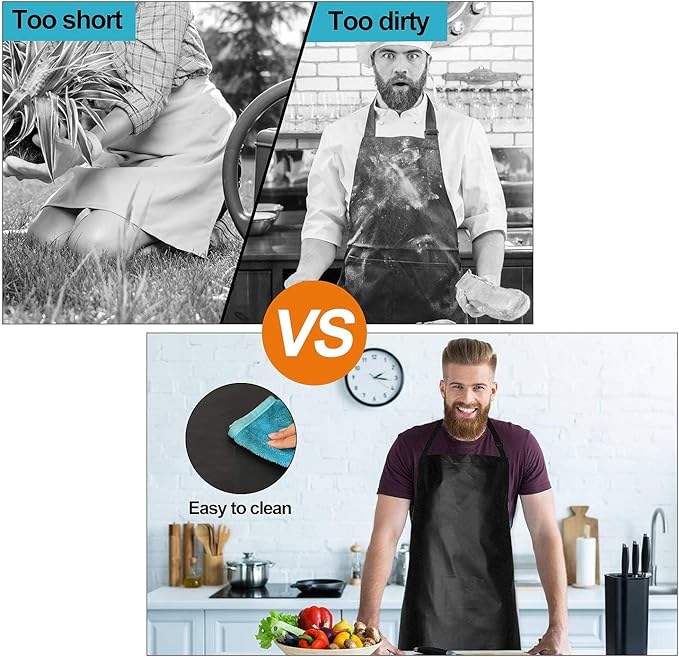 2 Pack Waterproof Rubber Vinyl Apron 40 Inch Chef Aprons for Men Heavy Duty Chemical Work Apron Extra Long Grilling Aprons with Adjustable Bib Apron for Dishwashing Lab Butcher Cooking Kitchen Black