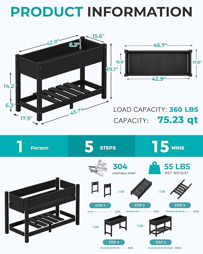 SERWALL Raised Garden Bed Set of 2, HDPE Raised Bed for Gardening All Weather Use- Black