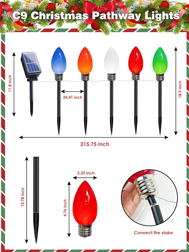 10 Pack Large C9 Christmas Decorations Outdoor Waterproof, Solar C9 Christmas Lights Outdoor with 2 Modes, Solar Pathway Lights for Outside Party Yard Lawn Patio Walkway Xmas Decoration (Multicolor)