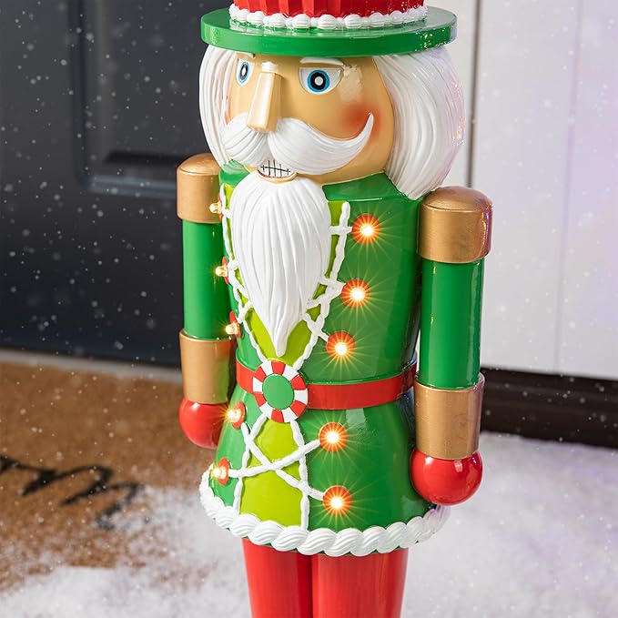 Glitzhome 28''H Lighted Resin Christmas Nutcracker with Cupcake Hat Porch Decor with Timer, Xmas Winter Patio Front Porch Indoor Outdoor Home Standing Decor