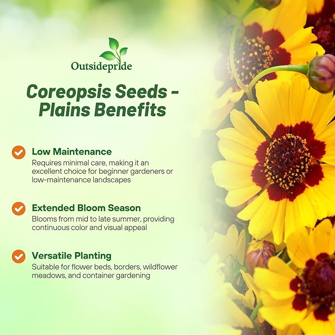 Outsidepride Plains Coreopsis Seeds - 1/4 lb. Annual, Drought & Humidity Tolerant, Flower Seeds for Planting Vibrant Bicolored Blooms, Ideal for Xeriscaping and Low Maintenance Gardens