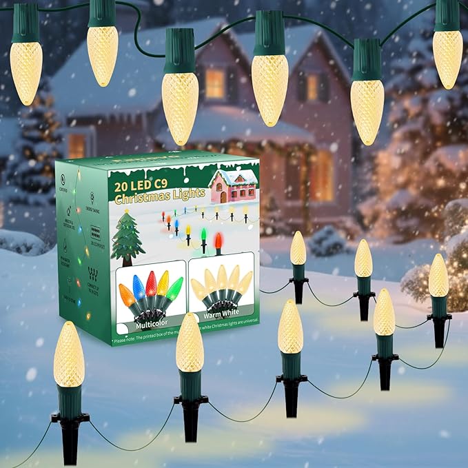 C9 Strawberry Christmas Pathway Lights Outdoor, 20 LED Warm White Outdoor Christmas String Lights with Stakes, 25.7FT Holiday Decorations for Indoor, Outside,Roofline, Backyard, Xmas Decor