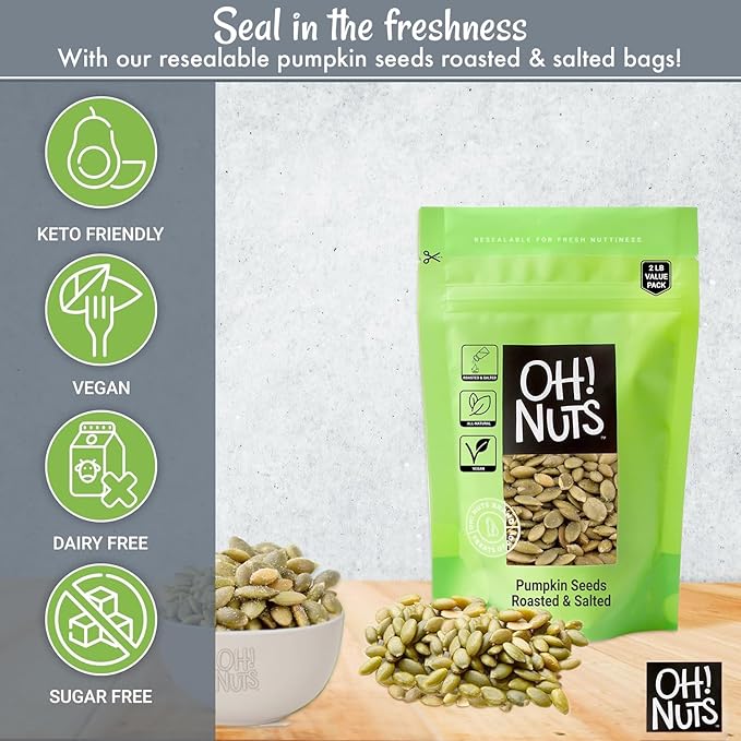 Oh! Nuts Pumpkin Seeds - Dry Roasted Salted - 2 lb - Shelled and Sprouted Pepitas - Packed in New York Zip-Seal Bag for Exceptional Freshness
