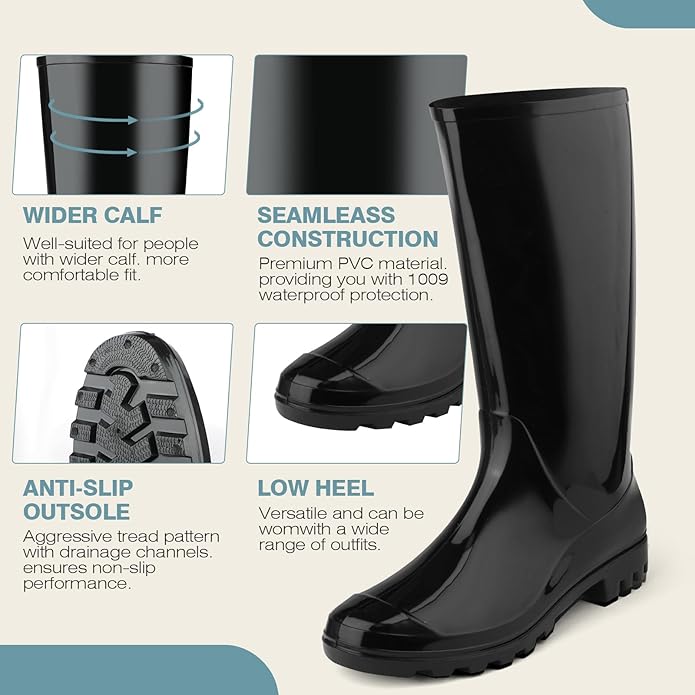 DaeRainy Tall Rain Boots for Women, Knee High Waterproof Slip On Garden Boots