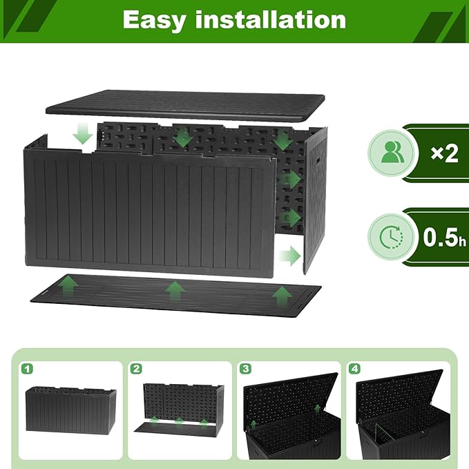 230 Gallon Outdoor Storage Box Waterproof, Extra Large Plastic Outside Deck Box Weatherproof, Resin Patio Storage Bin with Lock and Lids for Cushion, Black