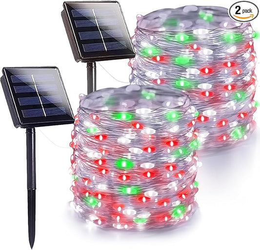 Extra-Long 144FT Solar String Lights for Outside, 2 Pack 400LED Solar Christmas Lights Outdoor, Waterproof Copper Wire with 8 Modes Twinkle Fairy Lights for Tree Party Xmas Decor (Red White and Green)