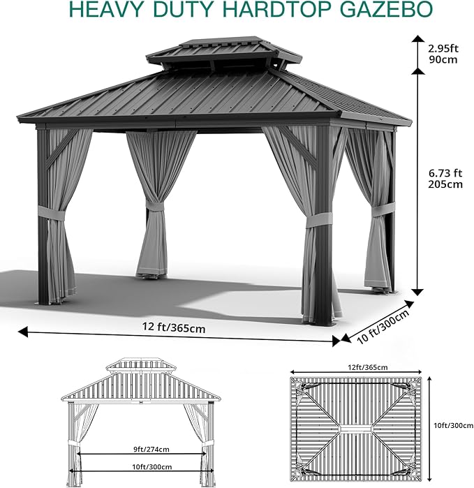 10X12 FT Outdoor Galvanised Steel Hardtop Gazebo, Heavy Duty Double Roof Outdoor Gazebo with Netting and Sunshade Curtains, Aluminium Framed Gazebo for Patio, Terrace, Lawn and Deck, Grey