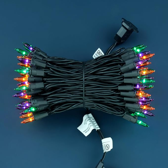 YULETIME 100 Count Orange Green Purple Christmas Lights, 33 Feet Black Wire UL Certified Incandescent-Like LED Mini String Lights