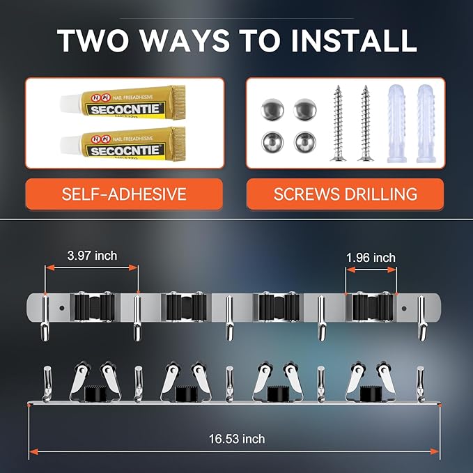 ZONGOOL 2 Pack Mop Broom Holder Wall Mount, 4 Racks and 5 Hooks Broom Organizer Storage Tool Racks Stainless Steel Non-slip Wall Hanger for Home Kitchen Garden Laundry Garage (Silver)