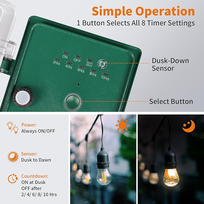 SURAIELEC Outdoor Power Stake Light Timer, Dusk to Dawn, 6 Electrical Outlet Power Strip Weatherproof, 6FT Extension Cord for Patio Lights, Sprinkler, Garden, Christmas Decorations, ETL Listed
