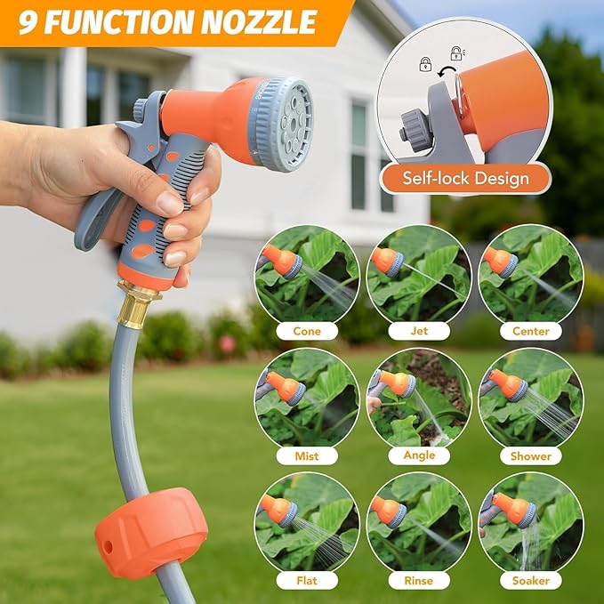 Retractable Garden Hose Reel 5/8 in x 65 Ft, EliteEdge Wall Mounted Garden Hose Reel, with 9 Function Sprayer Nozzle, Any Length Lock, Lock/Automatic Slow Return System, 180° Swivel Bracket