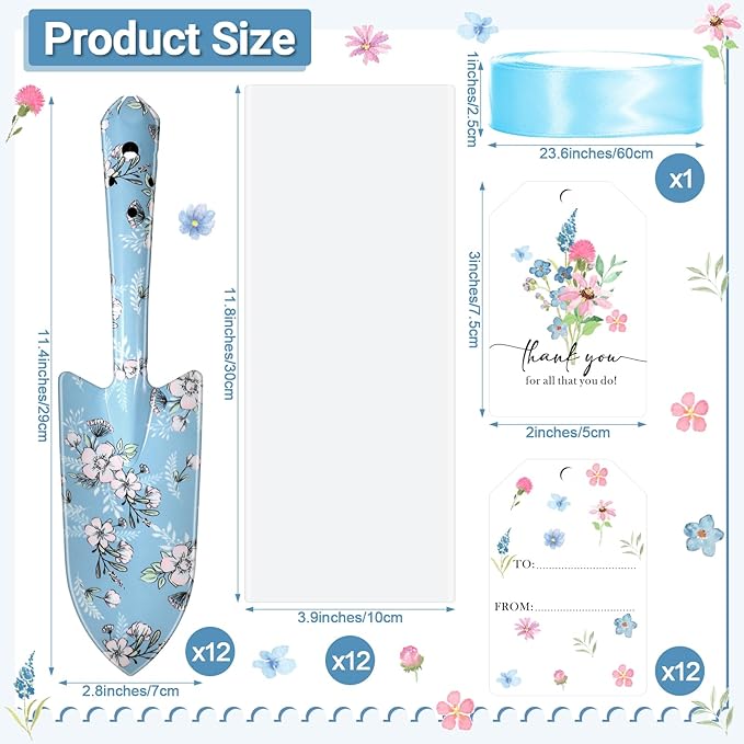 Capoda 12 Sets Floral Garden Shovels Bulk Gardening Gift for Women Mini Garden Tools Heavy Duty Floral Hand Trowels Thank You Cards with Gift Bags for Mom Birthday Teacher Employee (Blue,Bright)