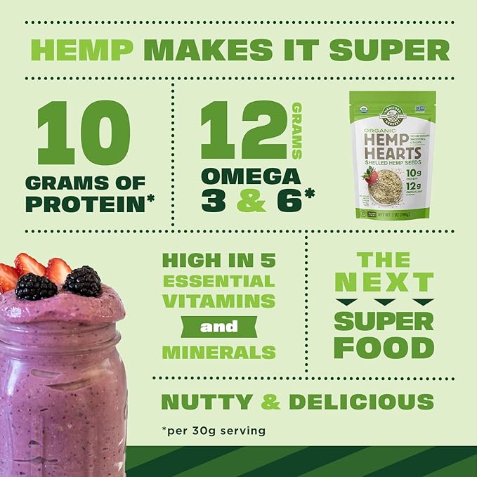 Manitoba Harvest Organic Hemp Seeds, 7oz, 10g Plant Based Protein and 12g Omega 3 & 6 per Srv, smoothies, yogurt & salad, Non-GMO, Vegan, Keto, Paleo, Gluten Free