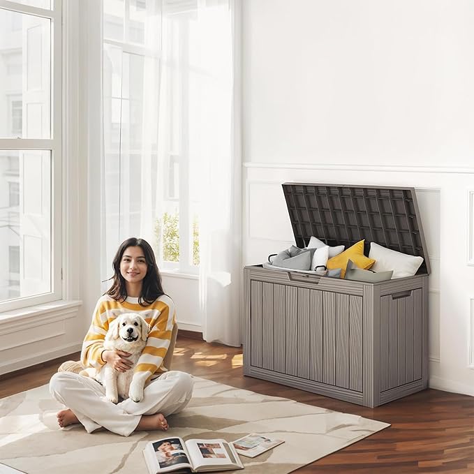 45 Gallon Waterproof Resin Deck Box, UV Resistant Outdoor Storage for Garden, Patio, Porch, Delivery, Beige