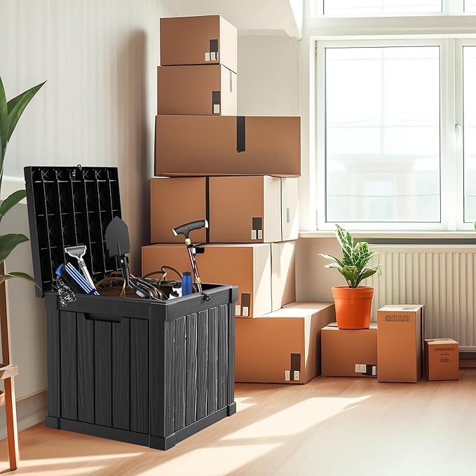 51 Gallon Outdoor Deck Box,Storage Lockable Waterproof Patio Furniture,Garden Tools,Cushions,Pool Accessories Outside Storage Resin Box(Black)