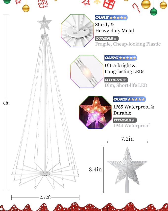 Brightever 6FT 265 LED Smart Cone Christmas Tree, Outdoor Prelit Christmas Tree with 16 Million DIY RGB LED Light Show, Remote APP Control Color Changing Music Sync for Xmas Outdoor Decorations