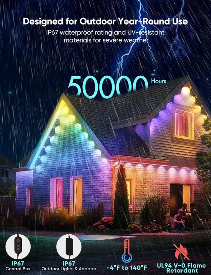 APPECK Permanent Outdoor Lights Pro 150ft, 108W RGBCW Eaves Lights with 108 LED Lights, 80lm, Cuttable, 111 Scene Modes, IP67 Waterproof Lighting for Halloween Decoration, Work with Alexa, White