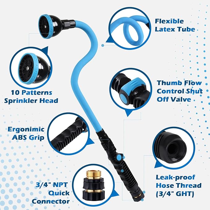 Tesony Watering Wand, 29" Bendable Garden Hose Wand with 10 Adjustable Spray Patterns, Water Sprayer Wand with Thumb Control Shut Off Valve, Quick Connector, Great for Hanging Baskets, Watering Plants