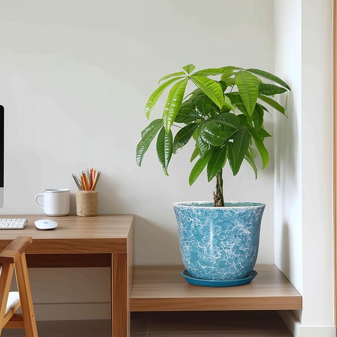 Ceramic Planter - 10 Inch Plant Pot for Indoor Outdoor, Large Round Flower Pots with Drainage Hole and Saucer, Modern Decorative Plant Pots, Garden House Decor, House Warming Gifts, Blue