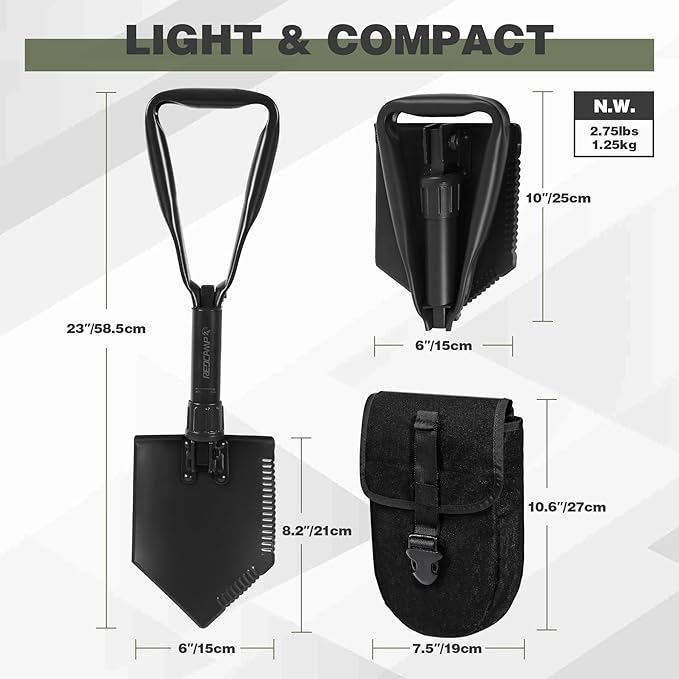 REDCAMP 23" Survival Folding Camping Shovel w/Cover, Manganese Steel Heavy Duty Tactical Shovel with Tri-Fold Handle for Hiking, Beach, Snow, Sand, Mud, Portable Black, 3Lbs